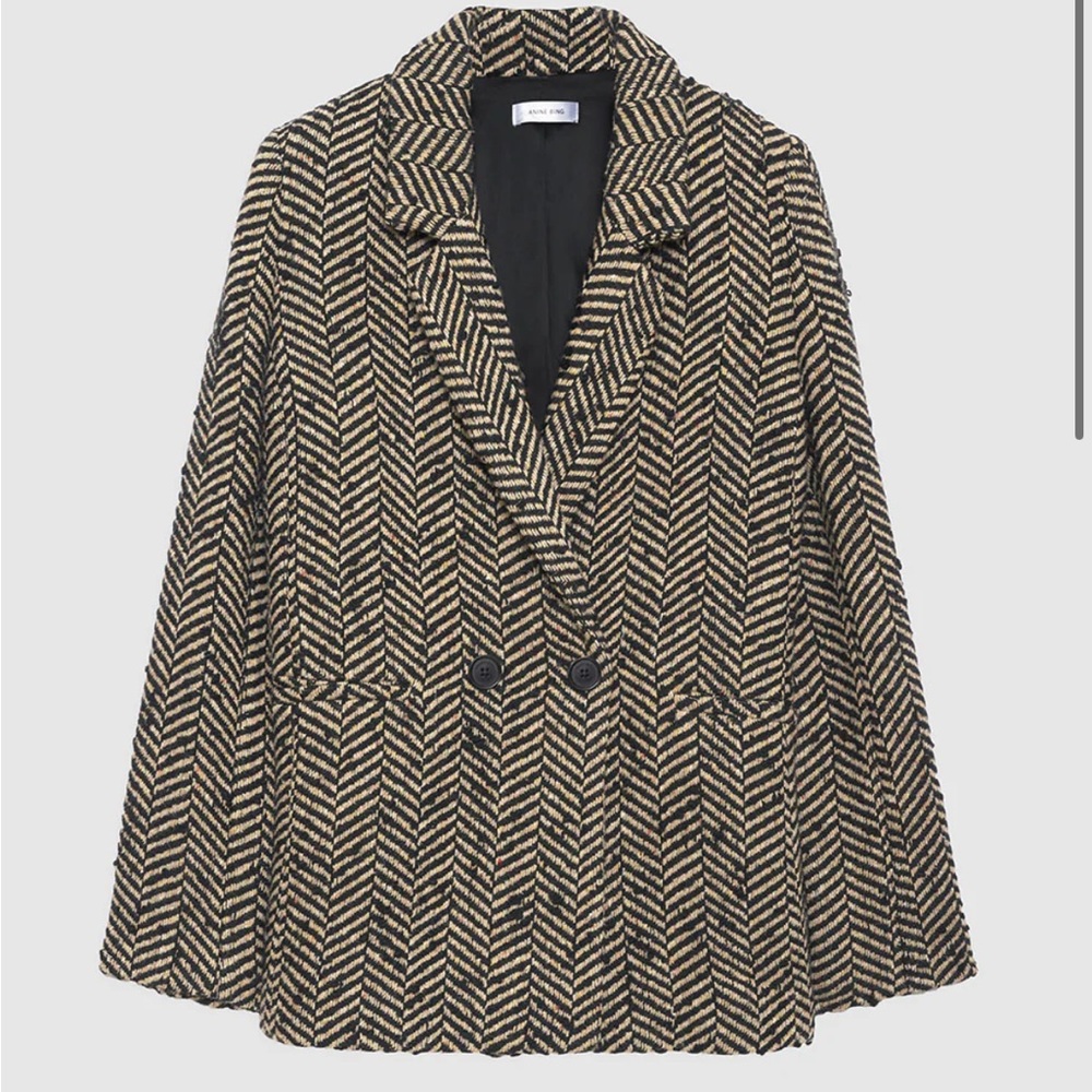 Anine Bing Black and Tan Herringbone Double-Breasted Blazer